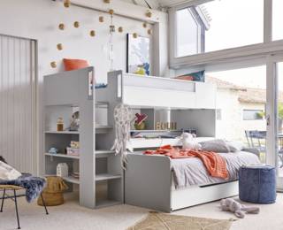 Trio high bed + desktop + sliding bed + Dimix storage drawer